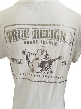 True Religion Buddha World Tour Graphic Tee White V-Neck Women’s Medium